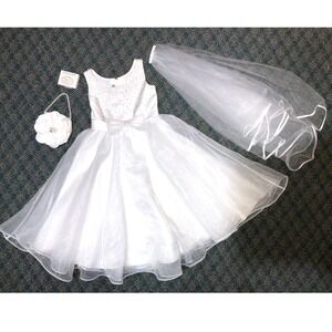Joan Calabrese Dress Gown Flower Girl First Communion Beaded‎ Veil purse necklac